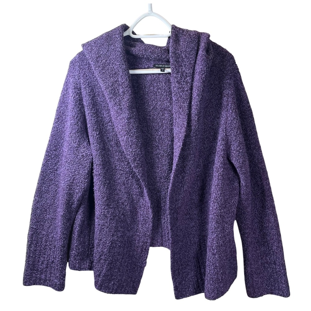 Eileen Fisher Hooded Cardigan Women XL Purple Boucle Knit Merino Cashmere Blend